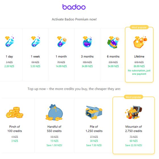 Screenshot of the Badoo prices