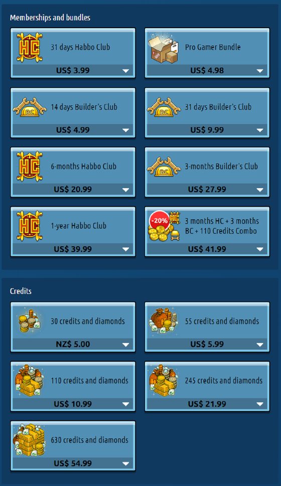 Screenshot of the Habbo prices