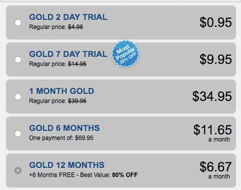 Screenshot of the Instabang prices