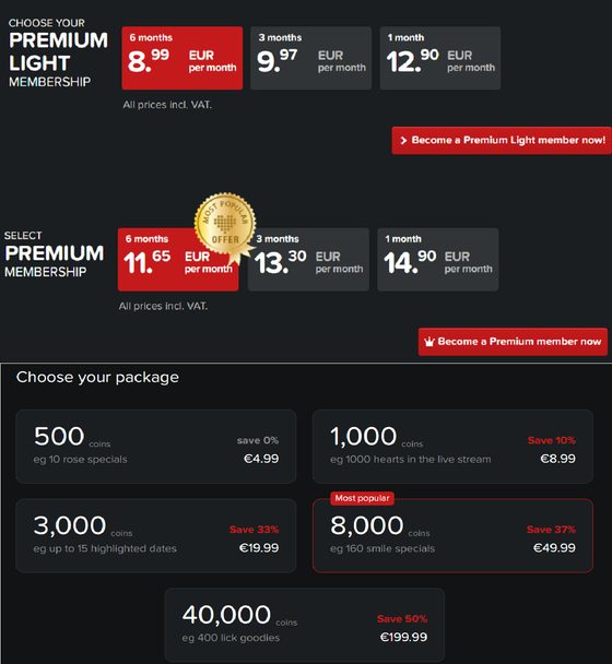 Screenshot of the JOYclub prices