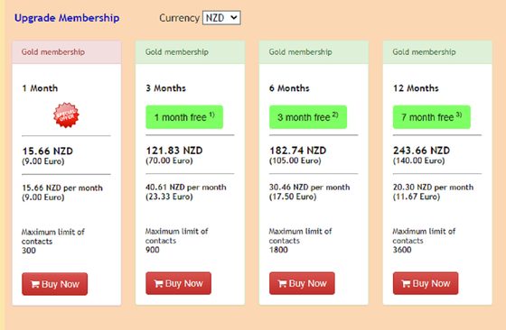 Screenshot of the LatinLove prices
