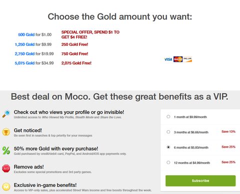 Screenshot of the MocoSpace prices