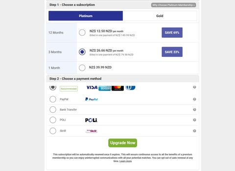 Screenshot of the PinkCupid prices