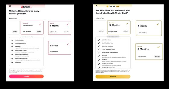 Screenshot of the Tinder prices
