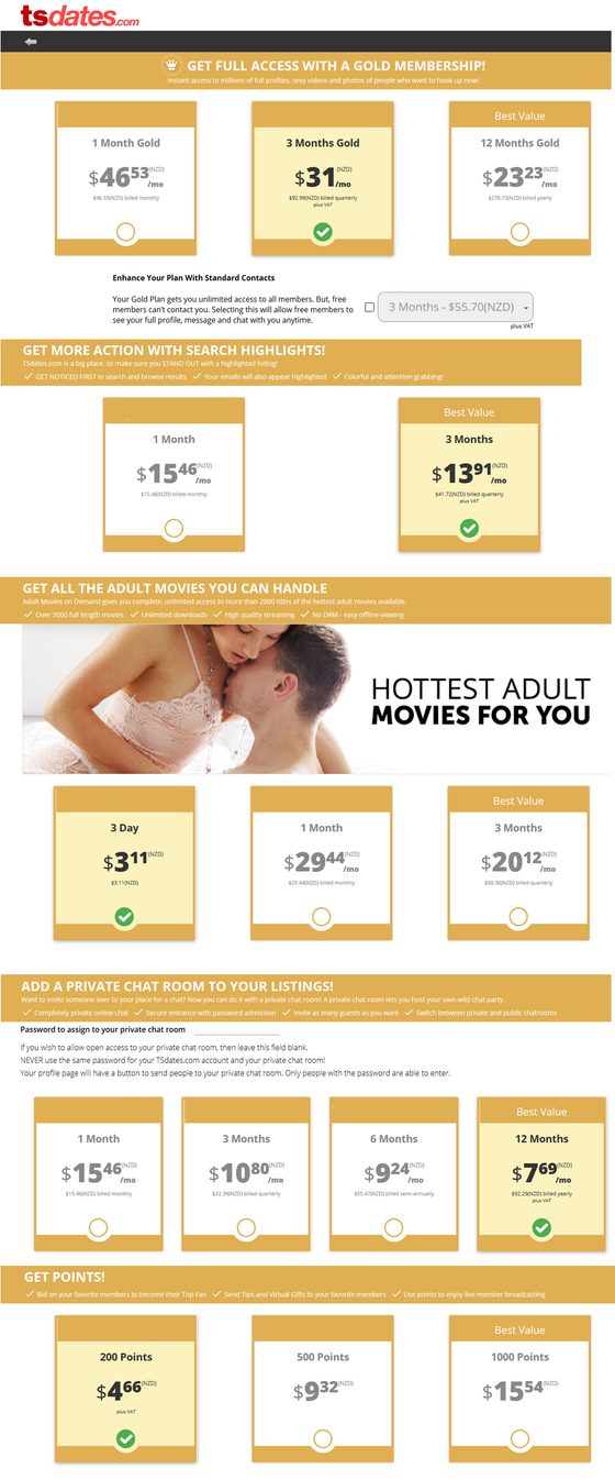 Screenshot of the TSDates prices