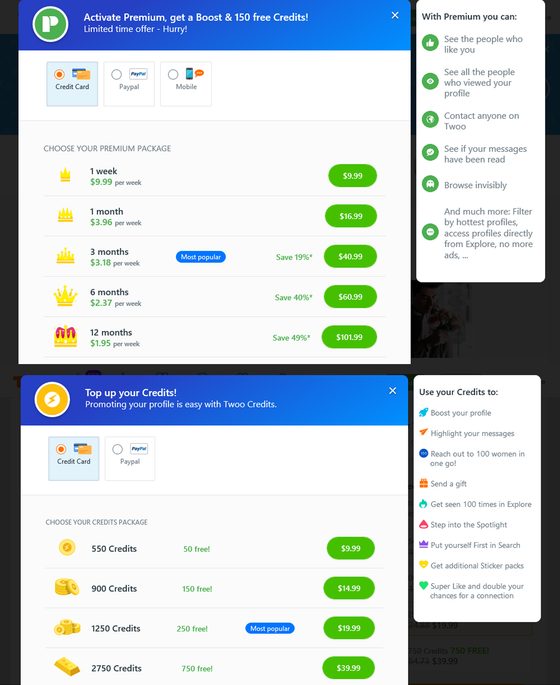 Screenshot of the Twoo prices