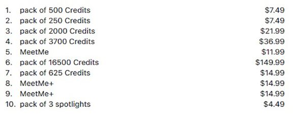MeetMe Price Table
