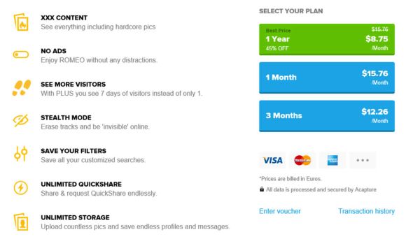 PlanetRomeo Price Table